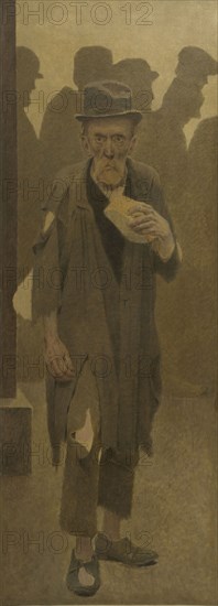 La Bouchée de pain : vieil homme en haillons, de face, tenant un morceau de pain, c.1904.