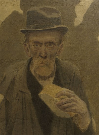 La Bouchée de pain : vieil homme en haillons, de face, tenant un morceau de pain, c.1904.