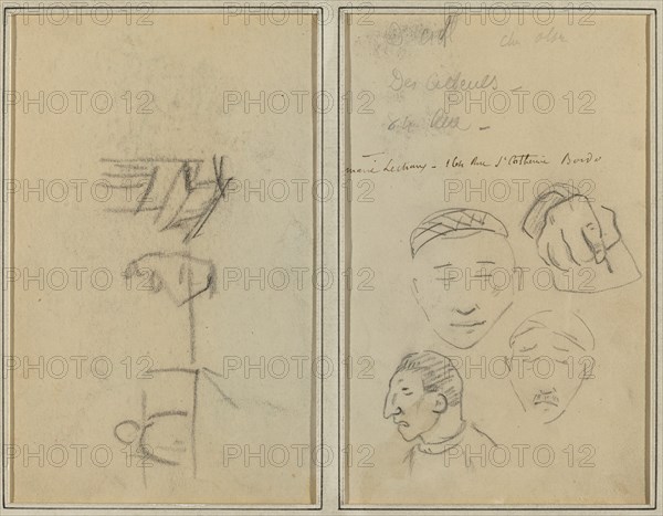Two Figures and a Bench; Three Studies of Men's Heads and One of a Hand [recto], 1884-1888.
