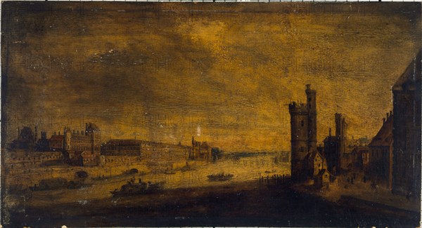 Hotel de Nevers, Tour de Nesle, Grande Galerie and the Louvre, seen from Pont-Neuf, around 1640.