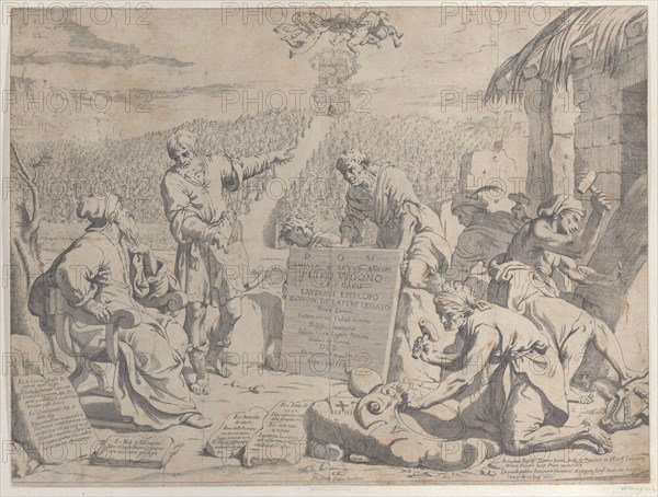 Stonemasons carving the arms of the Bolognese Cardinal Petro Vidono, under his direction, 1663.