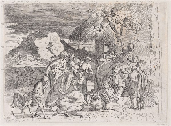 The adoration of the shepherds who gather at left, angels holding a banderole upper right, 1700-1800.