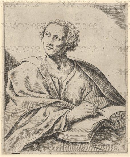 A man holding a book, about to write in it, looking upwards to the left, after Reni (?), 17th century.