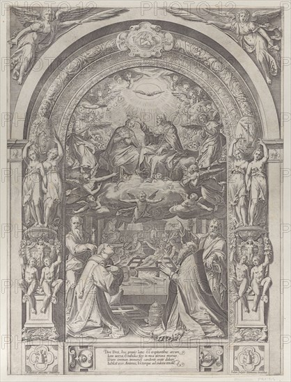 Saints Lawrence, Sixtus, Peter, and Paul adoring the Coronation of the Virgin by Christ above, ca. 1576.