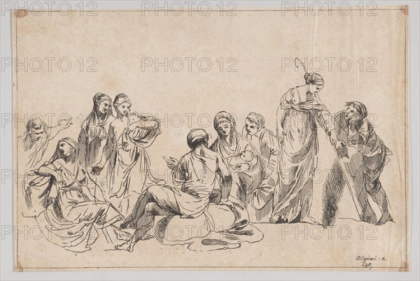 A group of nine women, one at center holds a baby and one at right holds a shepherdess's crook, 1750-1850.
