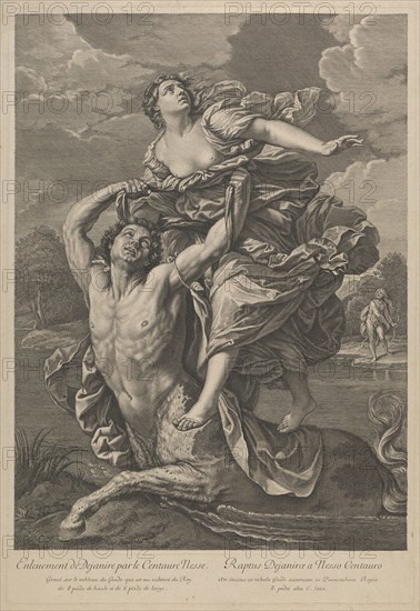 Dejanira being abducted by the centaur Nessos, a man with bow and arrow at right, after Reni, ca. 1800-1850.