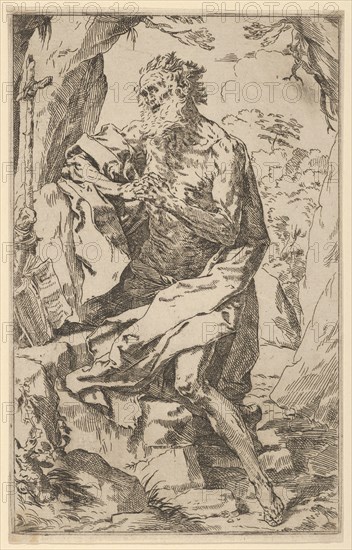 Saint Jerome kneeling on a rock in front of a cross and an open book facing left, after Reni, ca. 1600-1640.