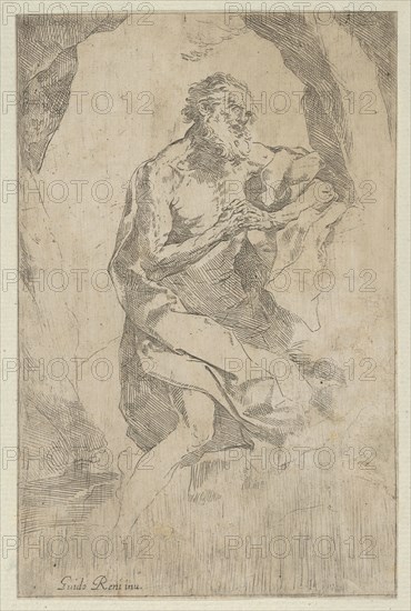 Saint Jerome kneeling on a rock in front of a cross and an open book facing right, after Reni, ca. 1600-1640.