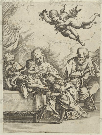 The Holy Family with young John the Baptist and Saint Elizabeth, two angels above, after Reni, ca. 1590-1610.