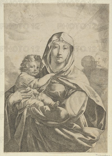 The Virgin standing facing front and holding the infant Christ, angels behind them in the clouds, ca 1700-1800.