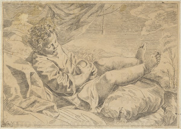 A child sleeping on a cushion, holding a piece of fruit (?), a curtain behind him, after Reni (?), 17th century.