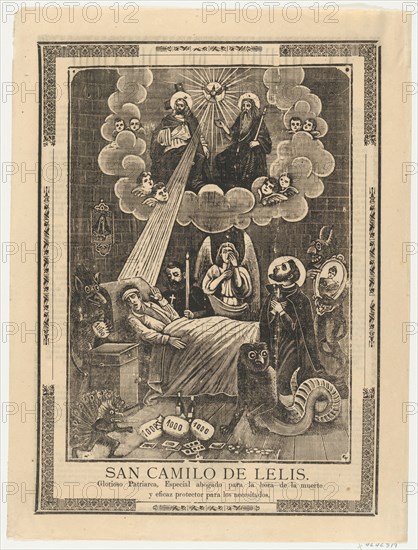 Broadsheet with Saint Camilo de Lelis in bed surrounded by demons, priests and the Holy Trinity above, ca. 1900-10.