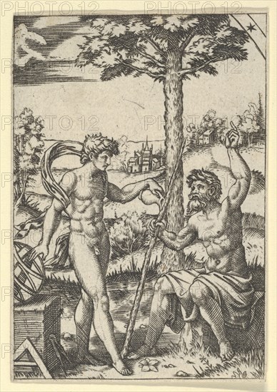 Seated old shepard gesturing towards the sky and speaking to nude male surrounded by tools of measurement, ca. 1500-1600.