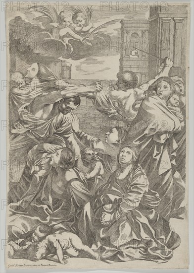 Massacre of the Innocents; group of women and children being attacked, two angels at upper left, after Reni, ca. 1640-1700.