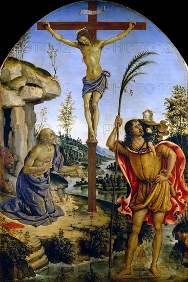 The Crucifixion between Saints Jerome and Christopher, c. 1473-1475. Found in the collection of the Galleria Borghese, Rome.