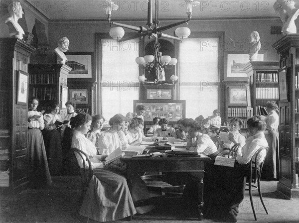 Group of young women reading in library of normal school, Washington, D.C., 1899.