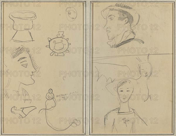 A Caricature and Five Forms; A Man in Profile, a Winged Creature and a Boy [verso], 1884-1888.