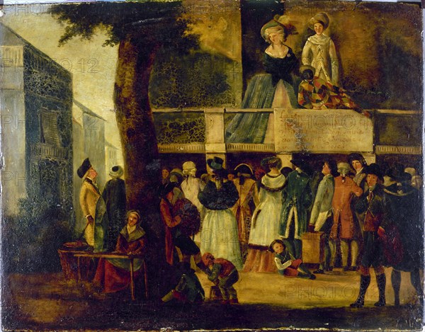 Parade devant un théâtre des boulevards (théâtre des Associés, boulevard du Temple?), c1788.