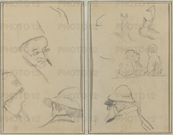 Three Studies of Men's Heads, One with Spectacles; Dogs, Children, and Two Bearded Men in Profile [verso], 1884-1888.