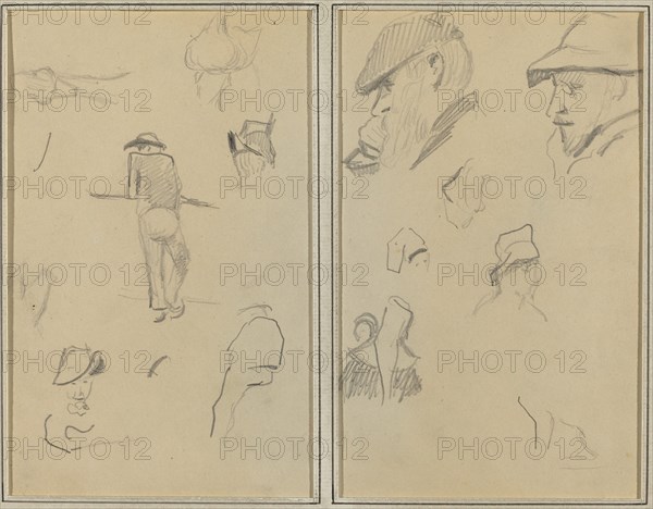 A Man Leaning on a Wall with Five Other Studies; Two Bearded Men Wearing Hats, and Five Other Studies [recto], 1884-1888.