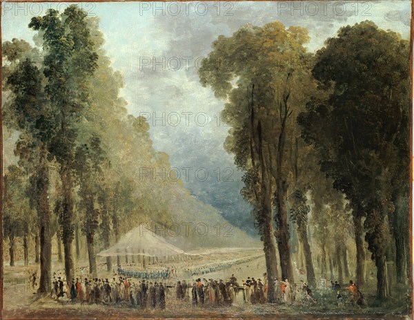 Repas servi aux troupes dans une allée des Champs-Elysées ou dans le parc de Saint-Cloud, c1790.