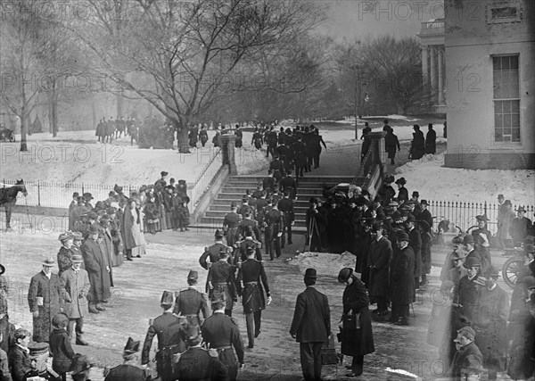 New Year's Reception At White House - General View of Army officers Leaving War Department For Reception, 1910.