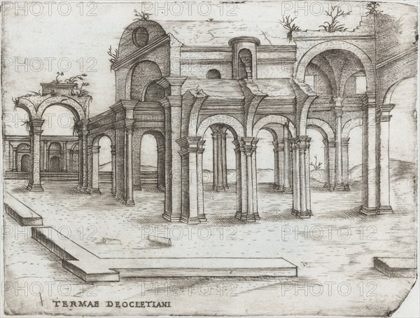Sepulchrum Adriani, from a Series of Prints depicting (reconstructed) Build..., Plate ca. 1530-1550. Creator: Master GA.