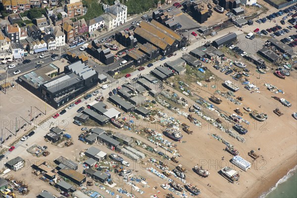 The Stade, beach-launched fishing boats, net shops and Hastings Contemporary art gallery, East Susex, 2016.