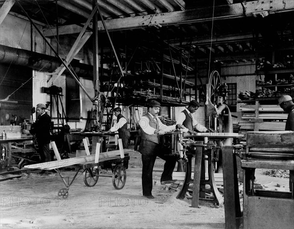 Young men training in woodworking at Hampton Institute, Hampton, Virginia, 1899 or 1900.