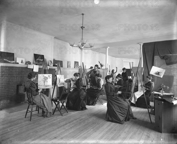 Women painting at easels in a class at the Art Students League, Washington, D.C., c1889.