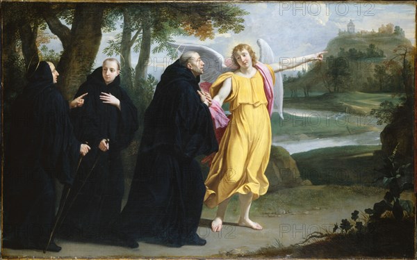Scène de la vie de saint Benoît : l'ange désignant à saint Benoît l'emplacement du monastère du mont Cassin, c1656.