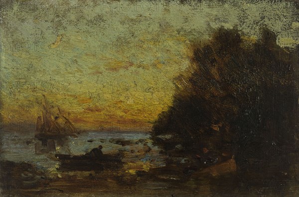 Barque et voiliers, coucher de soleil. Au revers : Marine, between 1850 and 1860.