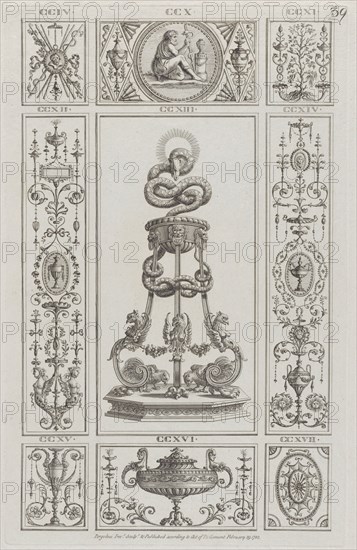 Tripod and Panels of Ornament, nos. CCIV-CCXVII ("Designs for Various Ornaments," pl. 39), February 29, 1782.
