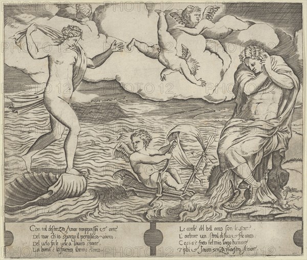 Venus riding a conch at left and cowering man (Jason) at right, Eros riding a makes..., ca. 1530-50. Creator: Anon.