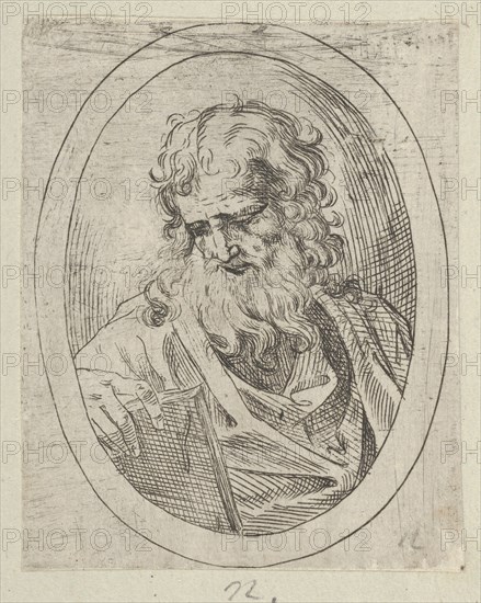 An apostle with a long beard looking down at an open book, in an oval frame, 1600-1640. Creator: Anon.