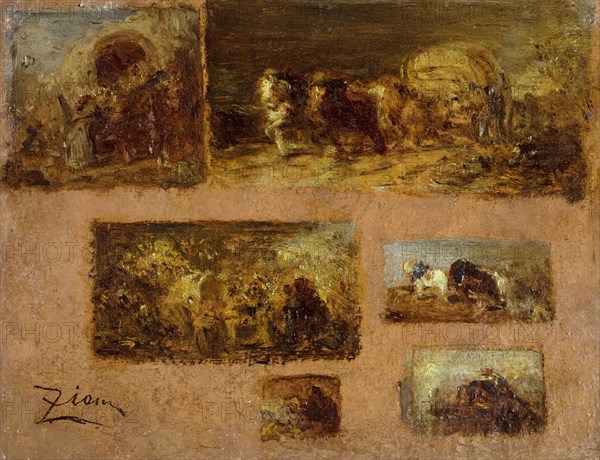 Panneau de six études de chariot (au recto) ; Paysage (au verso), between 1843 and 1844.