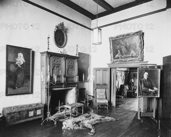 Apartment of Prince Pierre Troubetzkoy, 15 West 67th Street, New York City, with fireplace, bear rug, and paintings, 1919.