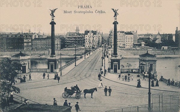 View across Vltava river looking at Cech Bridge and Old Town, c. 1910. Creator: Anonymous.