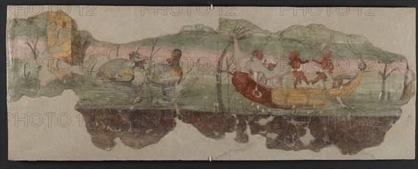 Nilotic landscape scene with pygmies and phallic boat, 1st century. Creator: Roman-Pompeian wall painting.