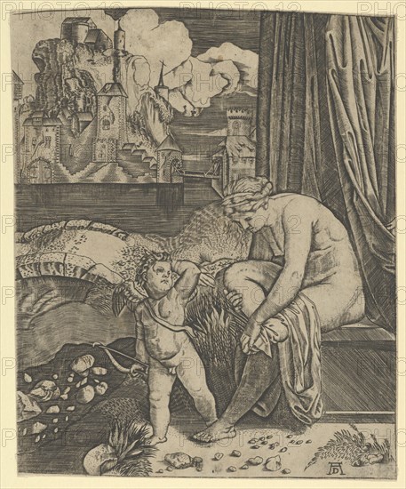 Venus naked sitting at right drying her foot with a piece of drapery, Cupid, in fro..., ca. 1520-30. Creator: Anon.