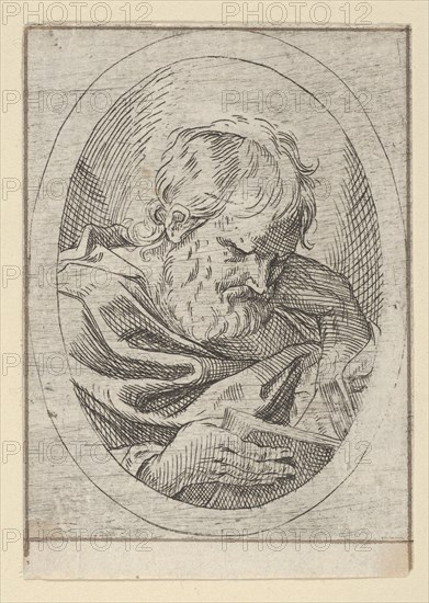 An apostle resting his head on his left hand and reading a book, in an oval frame, 1600-1640. Creator: Anon.