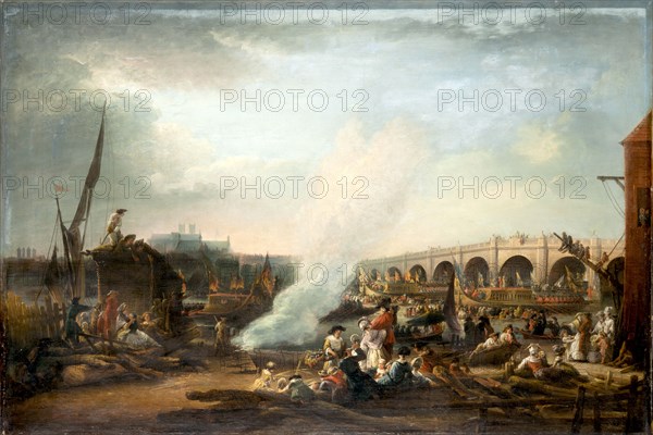 Westminster Bridge and the Thames Procession of King Christian VII of Denmark in 1768, 1769. Creator: Martin, Elias (1739-1818).