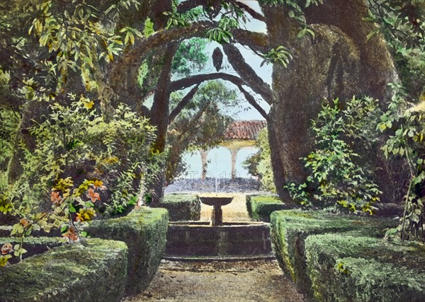 Reproduction of illustration showing a garden fountain, between 1915 and 1925. Creator: Frances Benjamin Johnston.