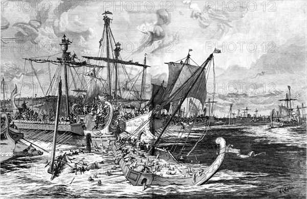 'Old Greek War Ships at the Battle of Salamis, 480BC', 1886. Creator: Unknown.