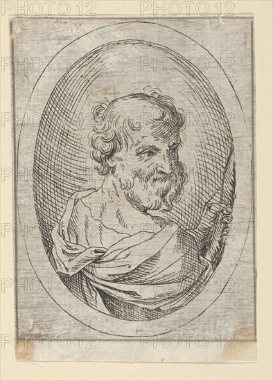 Saint Simon seen from behind, turning to the right and holding a saw, in an oval frame, 1600-1640. Creator: Anon.