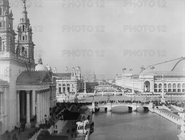 Bird's-eye view of exposition grounds, with canal in foreground, World's Columbian Expo..., 1893. Creator: Frances Benjamin Johnston.