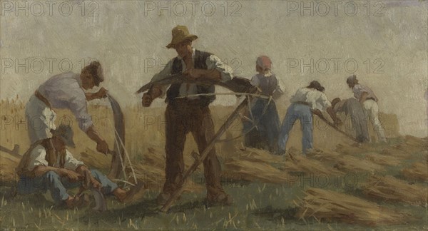 History of wheat: Harvesters sharpening their scythes. Sketch for the drawing room in the..., 1879. Creator: Paul Albert Baudouin.