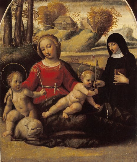 Virgin and child with John the Baptist as a Boy and Saint Scholastica, Early16th cen. Creator: Ortolano (Benvenuti), Giovanni Battista (c. 1480-1525).