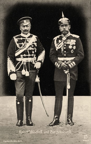 Emperor Wilhelm II of Germany (left) in Russian uniform, and Tsar Nicholas II of Russia..., 1905. Creator: Photo studio Franz Kühn, Berlin .