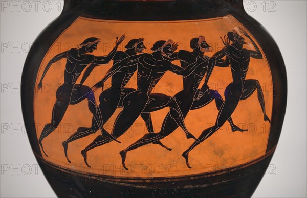 Panathenaic prize amphora with marathon runners at the Olympic games, ca 550-530 BC. Creator: Euphiletos, Attic vase painter (6th century BC).